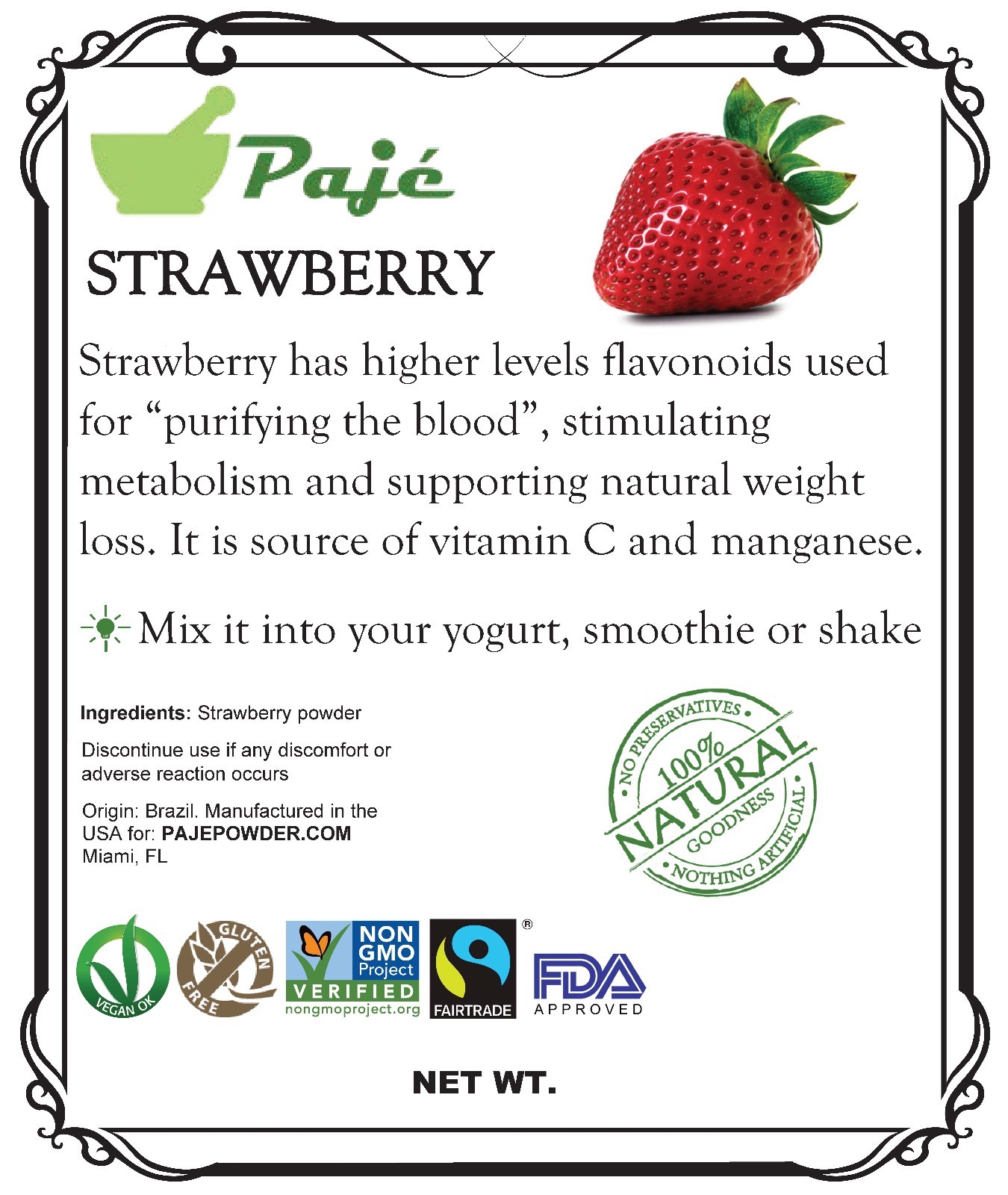 Strawberry powder 8oz 1/2lb – weight loss, vitC, flavor with NO little seed PAJE