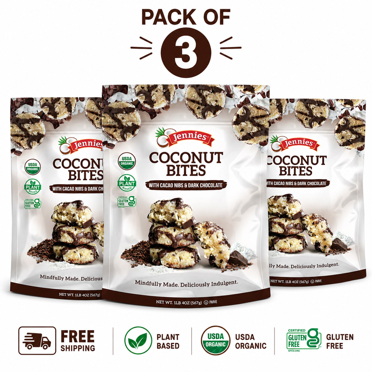 Jennies Coconut Bites Dark Chocolate Cacao Nibs 27 Ct Pack of 3 Organic