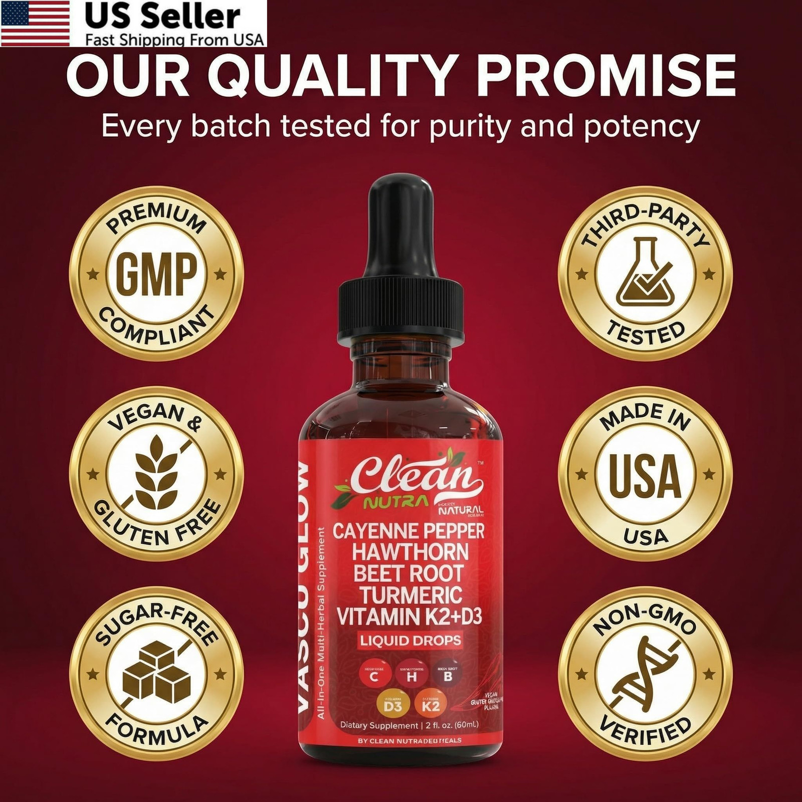 Cayenne Pepper Drops Supplement + Hawthorn Berry Beet Root Vitamin D3 K2 USA