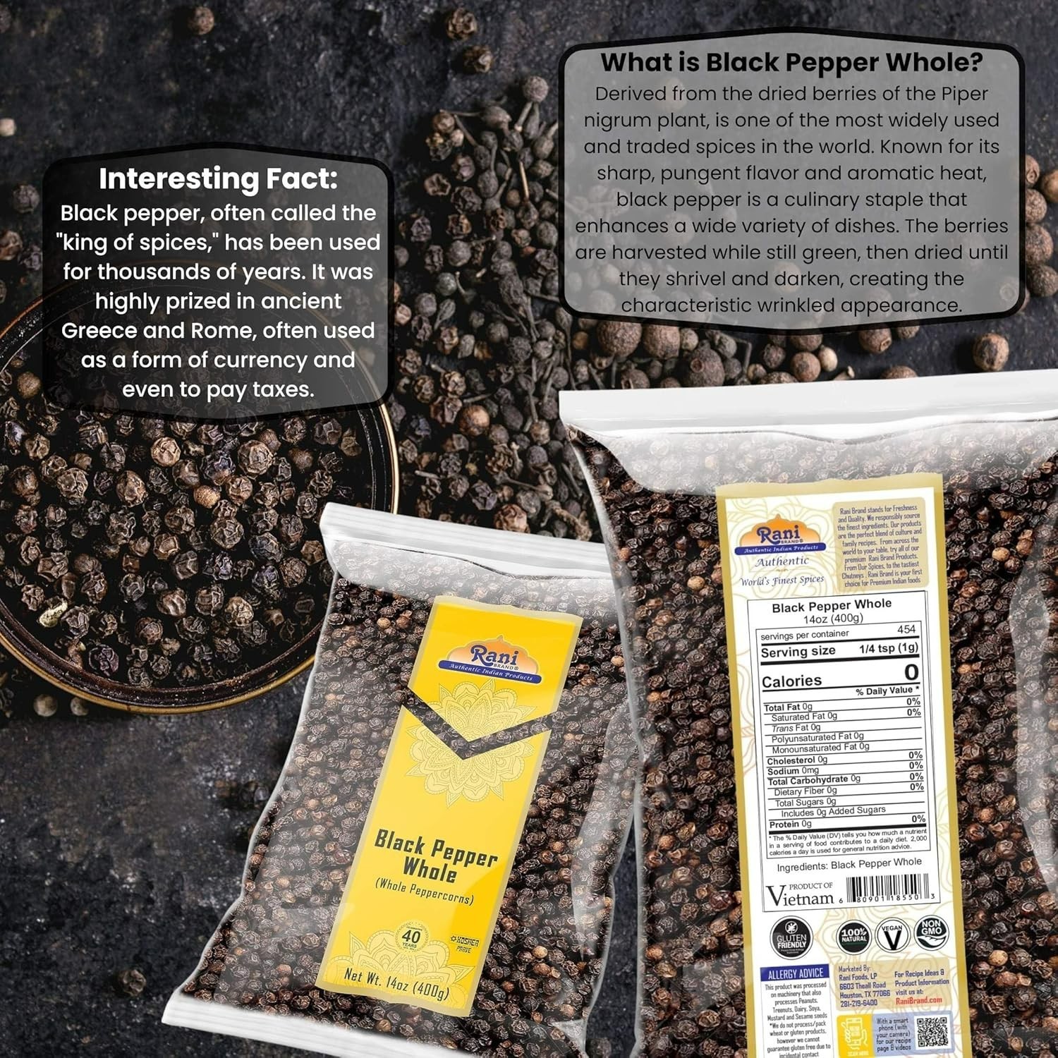 14oz Whole Black Peppercorns – Non-GMO, Gluten Friendly, Perfect for Grinders