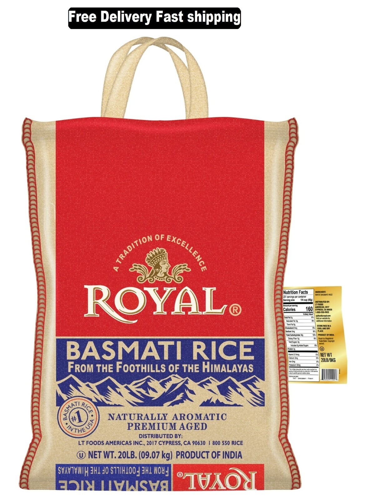 Authentic Royal Naturally Aged Long Grain Indian White Basmati Rice, 20 lb. Bag