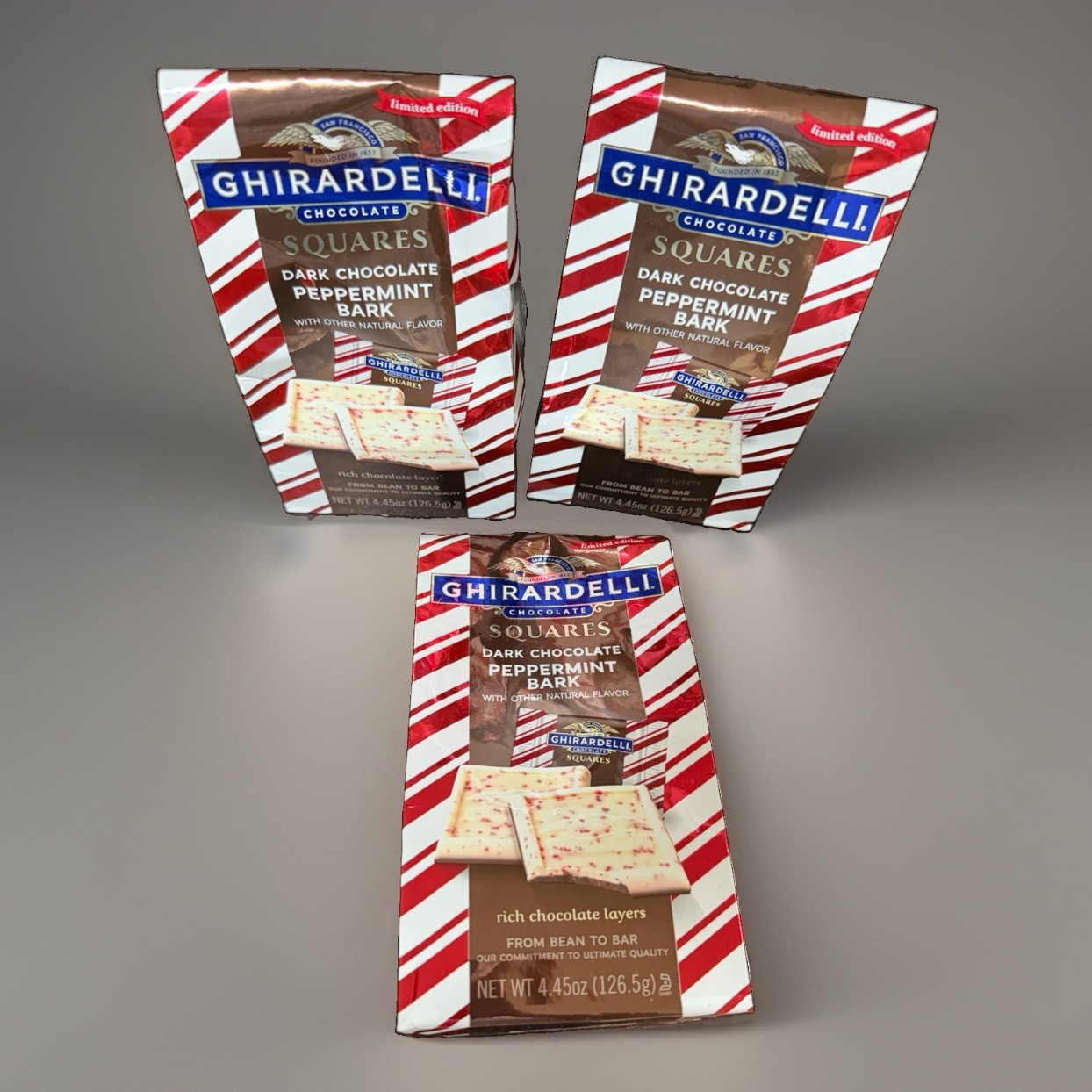 3 Packs Ghirardelli Dark Chocolate Peppermint Bark Squares 4.45 Oz Each