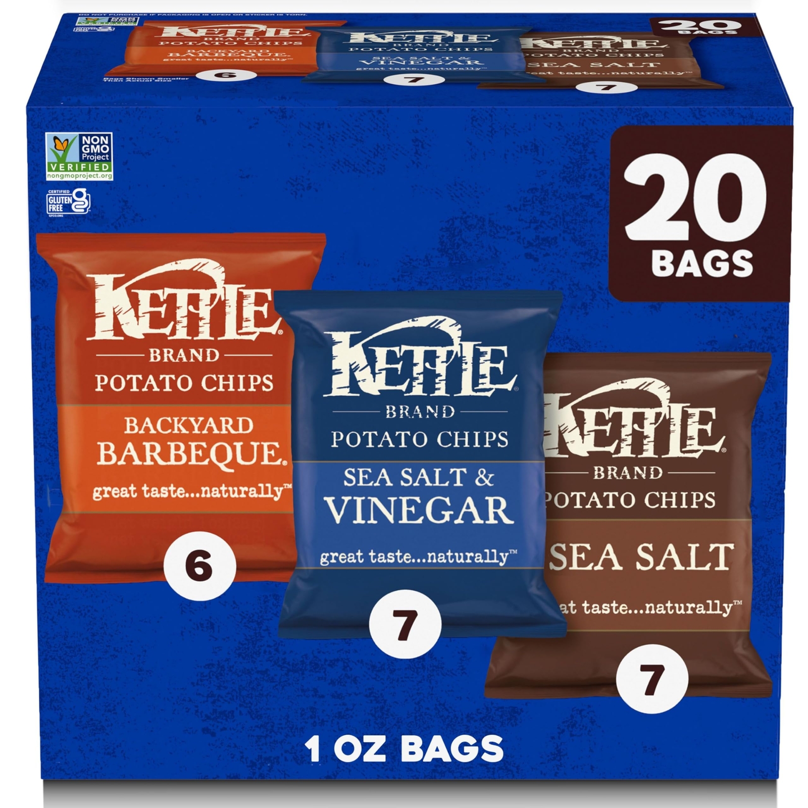 Kettle Brand Variety Pack 20 Individual Bags Potato Chips Sea Salt BBQ Vinegar