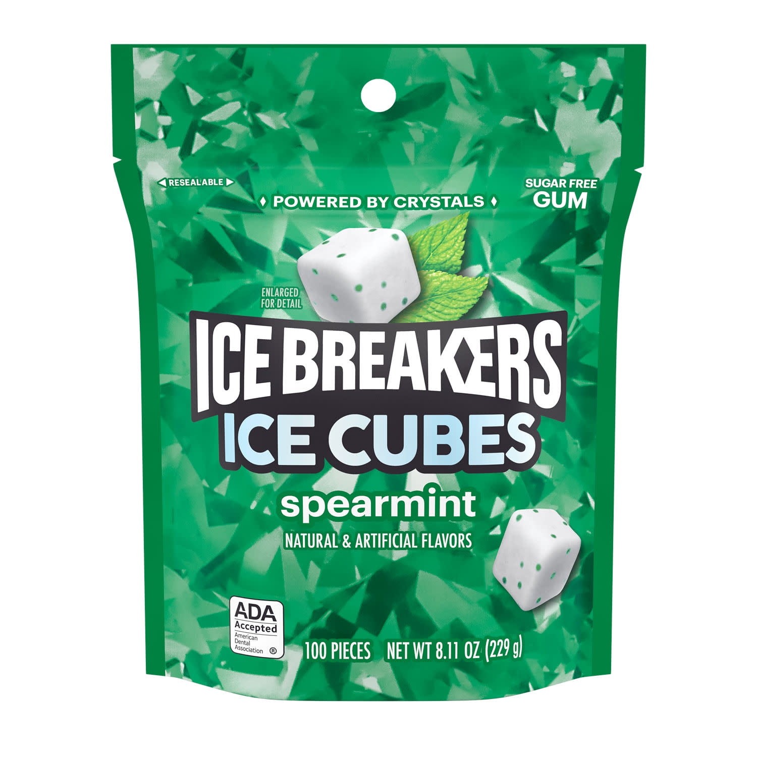 Ice Breakers Ice Cubes Spearmint Chewing Gum, Pouch 8.11 oz, 100 Pieces