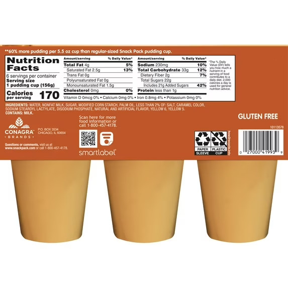 Super Size Butterscotch Pudding Cups 6 Pack 5.5 oz Each