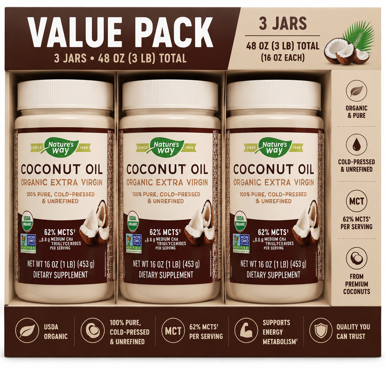 Nature’s Way Organic Extra Virgin Coconut Oil 16 oz Pack of 3