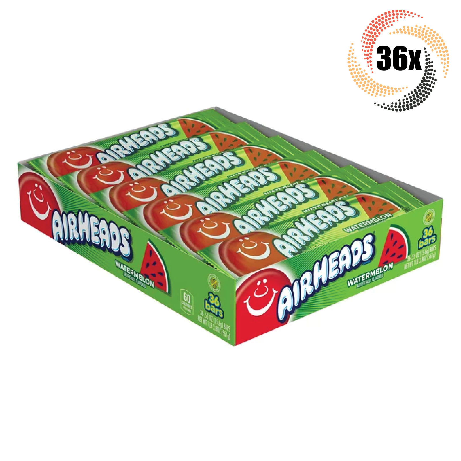 Full Box 36x Bars Airheads Watermelon Flavored Chewy Taffy Candy Singles | .55oz