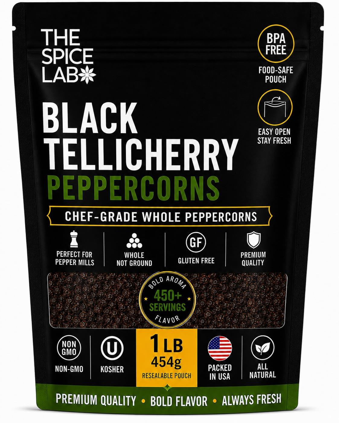 The Spice Lab Black Tellicherry Peppercorns for Grinder, 1 Lb Bag | Steam Steril