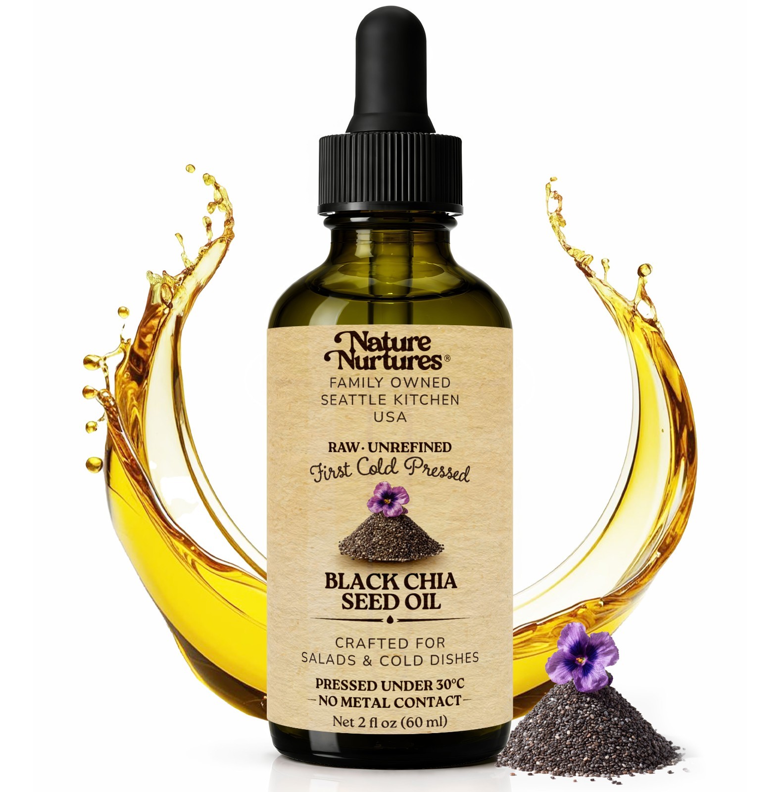 Black Chia Oil Cooking Raw Unrefined First Cold-Pressed Below 30C Made in USA