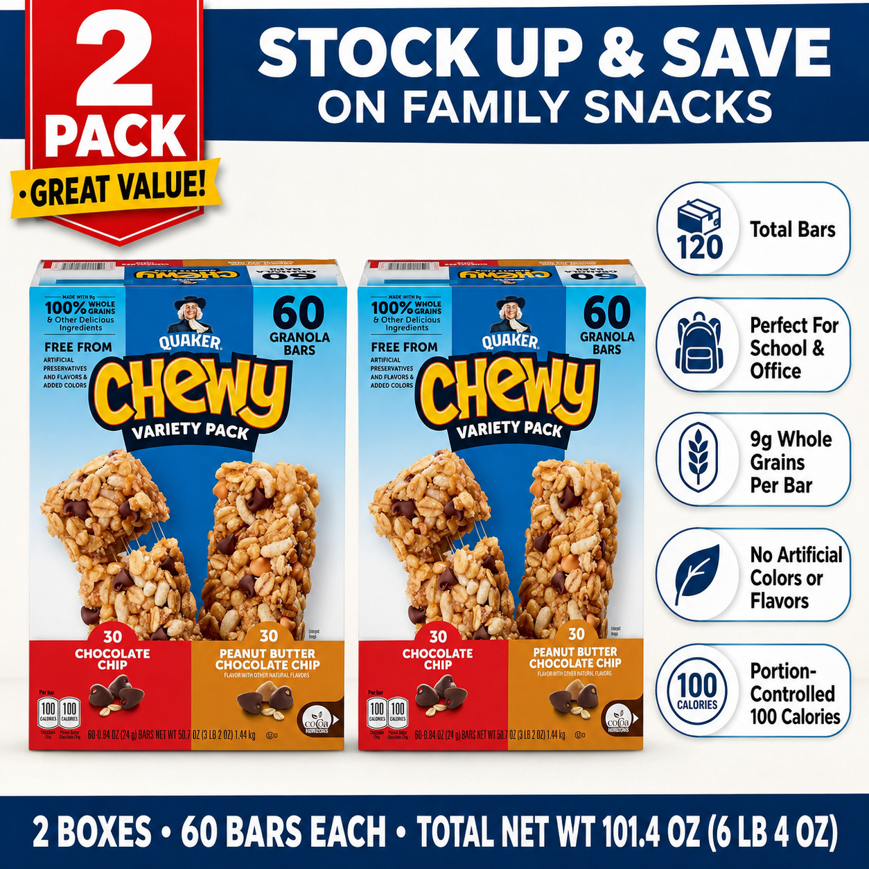 2 Pack Quaker Chewy Granola Bars, Variety Pack, 0.84 oz, 60-count
