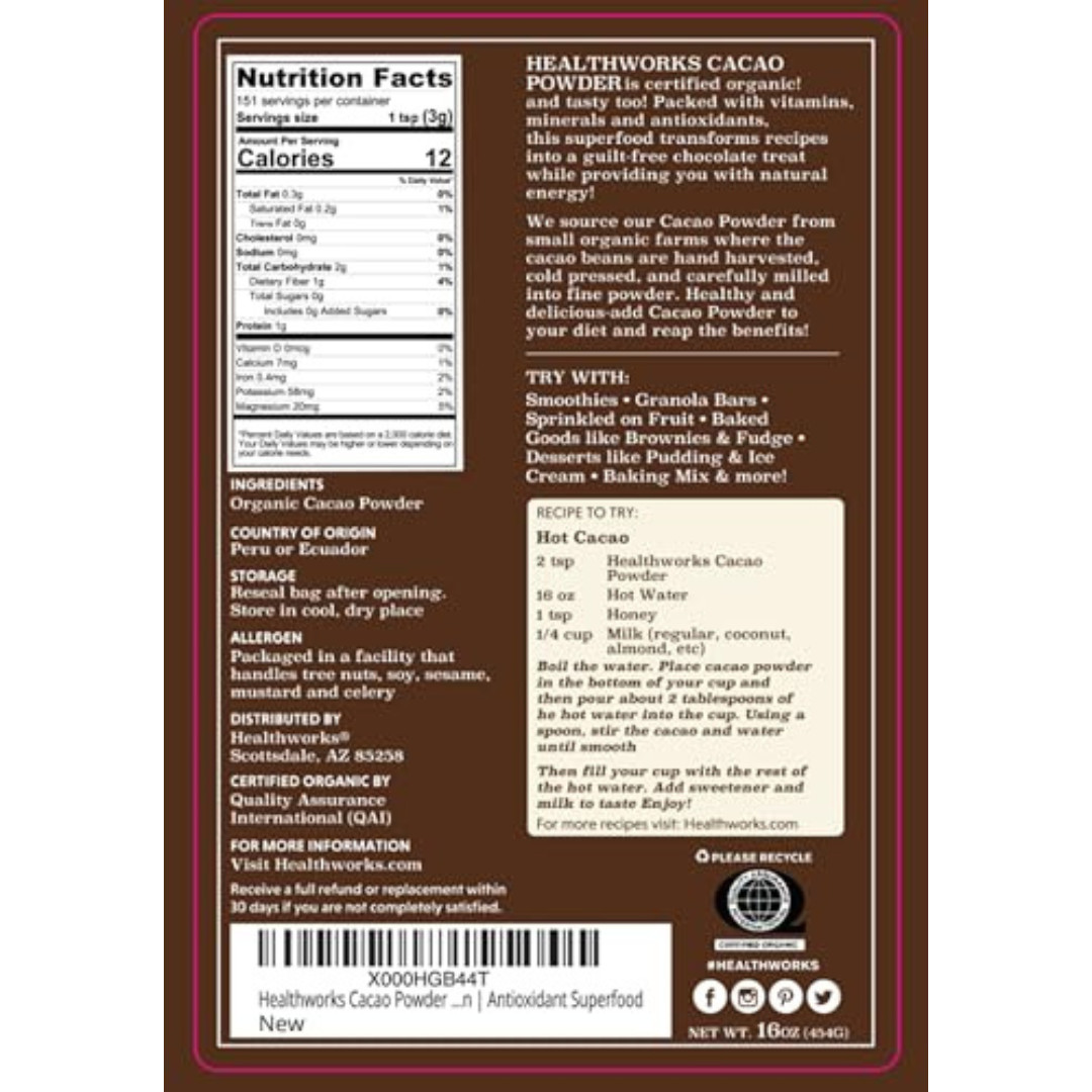 Healthworks Superfoods Organic Cacao Powder – 16 Oz / 1 Lb – Cocoa Chocolate Sub