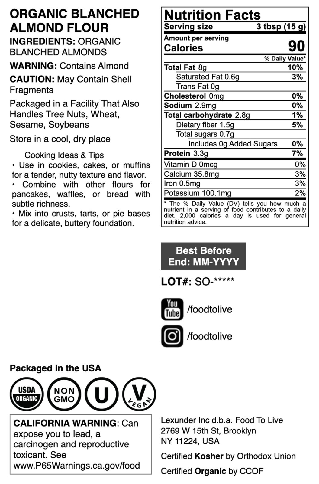 Organic Blanched Almond Flour – Non-GMO, Kosher, Vegan – by Food To Live