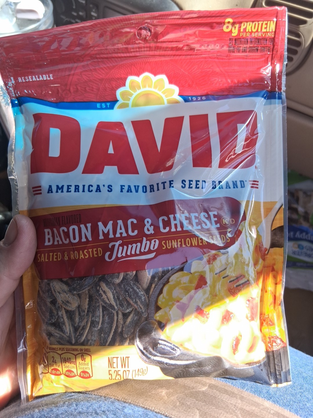 DAVID Jumbo Sunflower Seeds, Bacon Mac and Cheese Flavor, 5.25 oz. 12x Jan2026