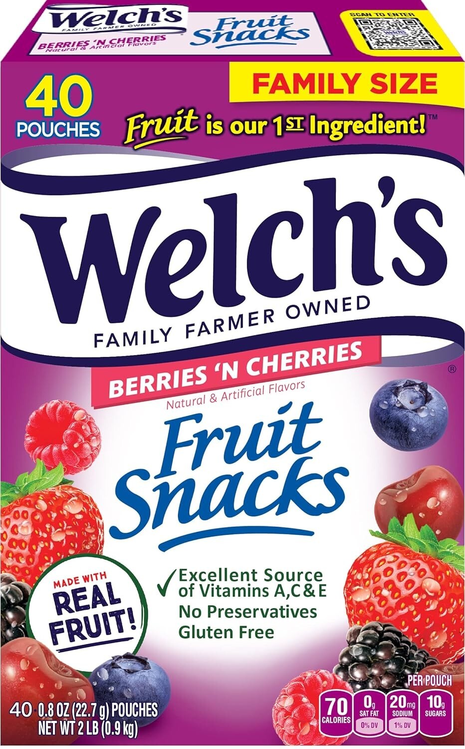Welch’s Fruit Snacks, Berries N Cherries, 0.8 oz, 40 Ct, Gluten-Free & Fat Free