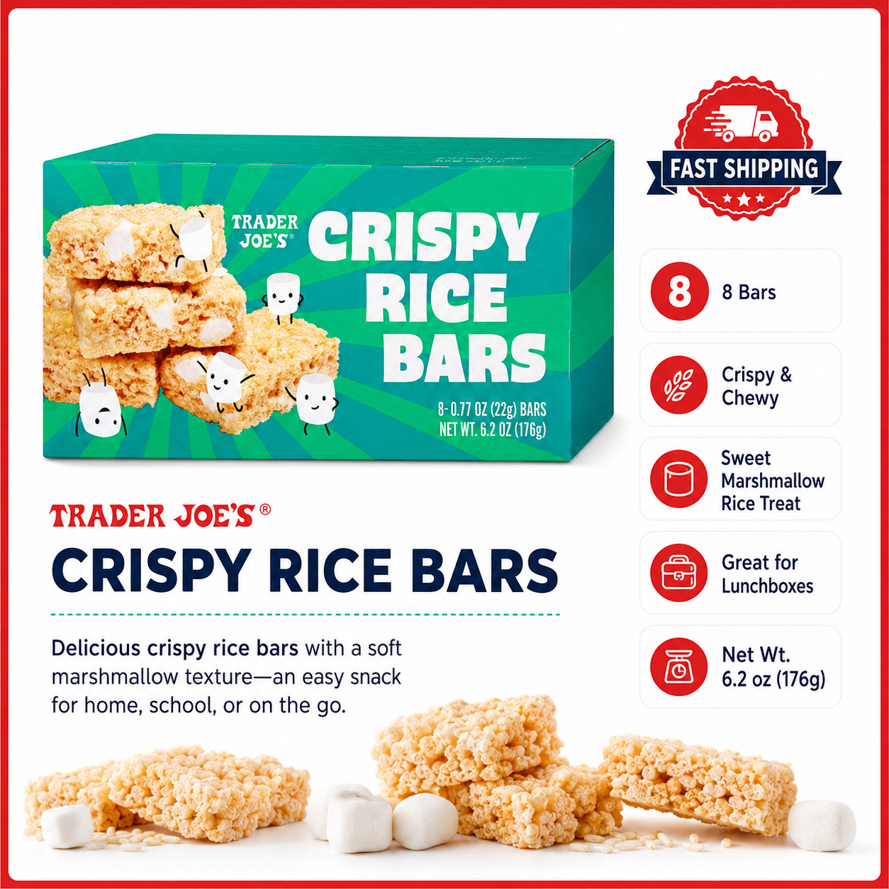 Trader Joe’s 8-Count CRISPY RICE BARS Krispies Marshmallow Square Treats
