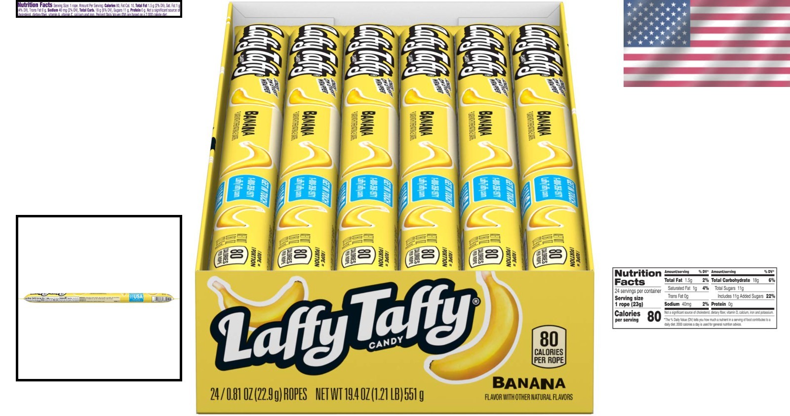 Individually Wrapped Banana Taffy Ropes, 24-Pack for School Treats