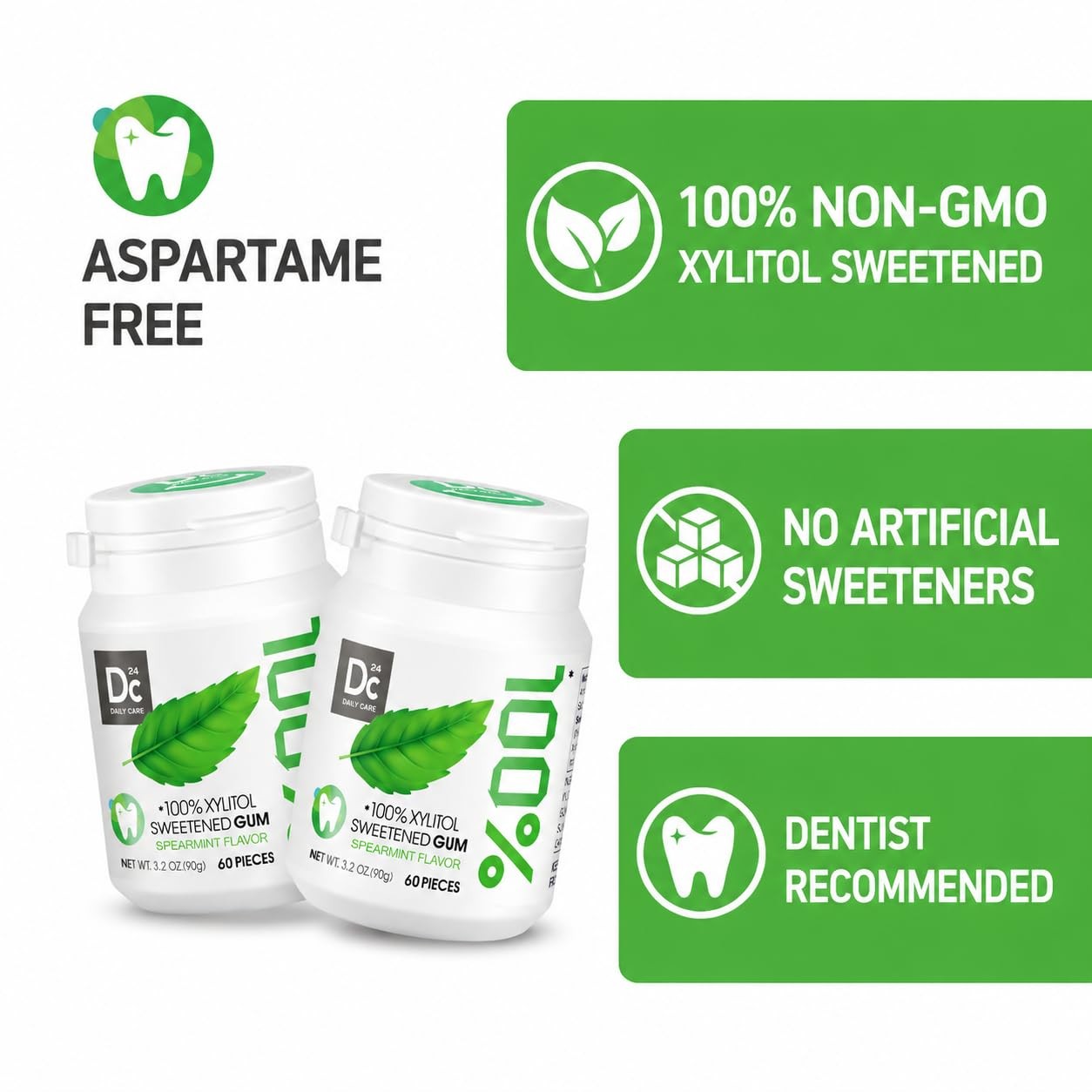DC24 DAILY CARE 100% Xylitol Gum, No Aspartame, Sugar 60 Count (Pack of 2)