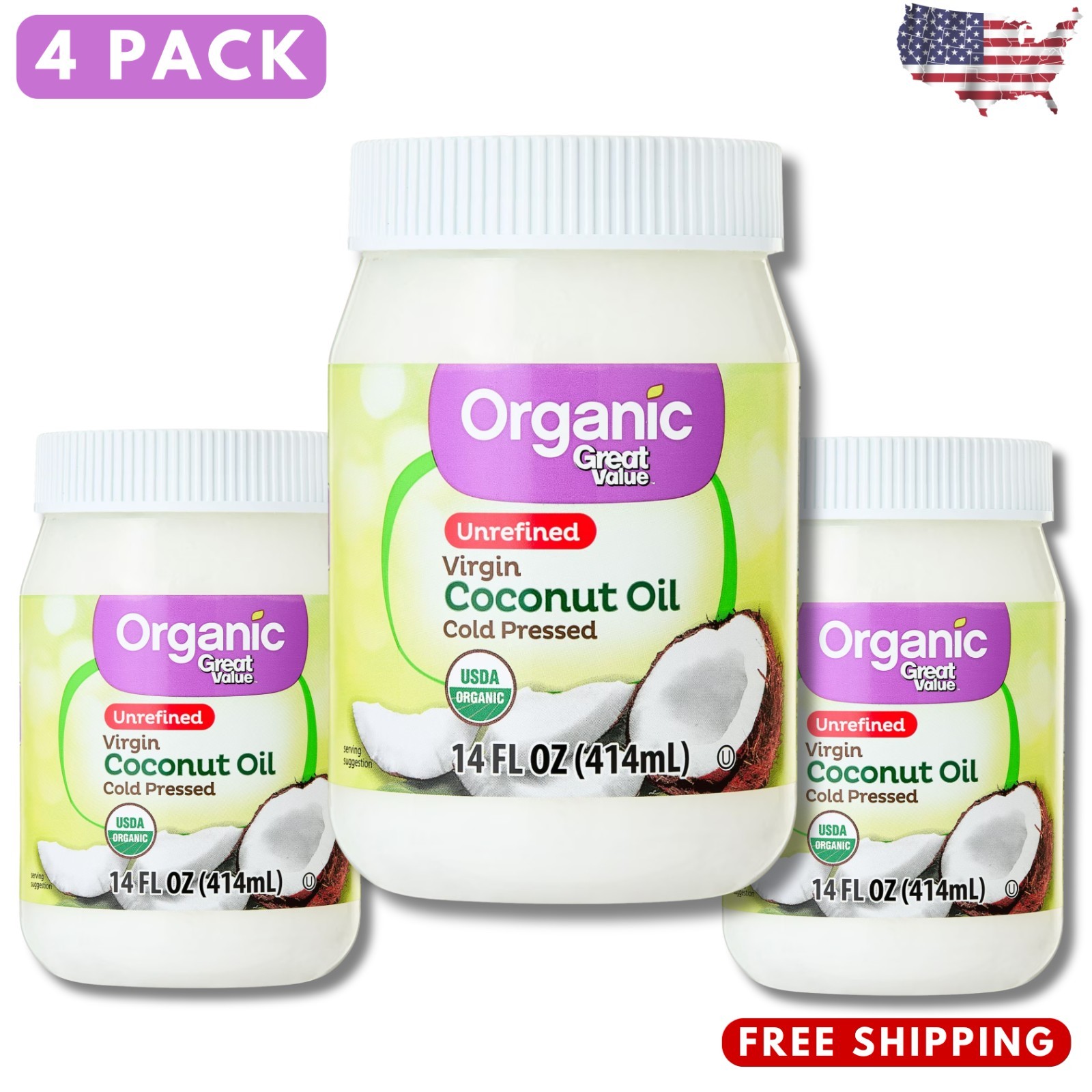 3 pk Great Value Organic Unrefined Virgin Coconut Oil, 14 fl oz