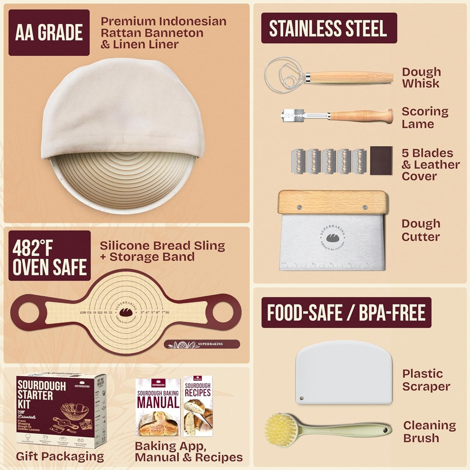 Sourdough Baking Kit: Rattan Basket, Silicone Sling & 10 Essential Tools