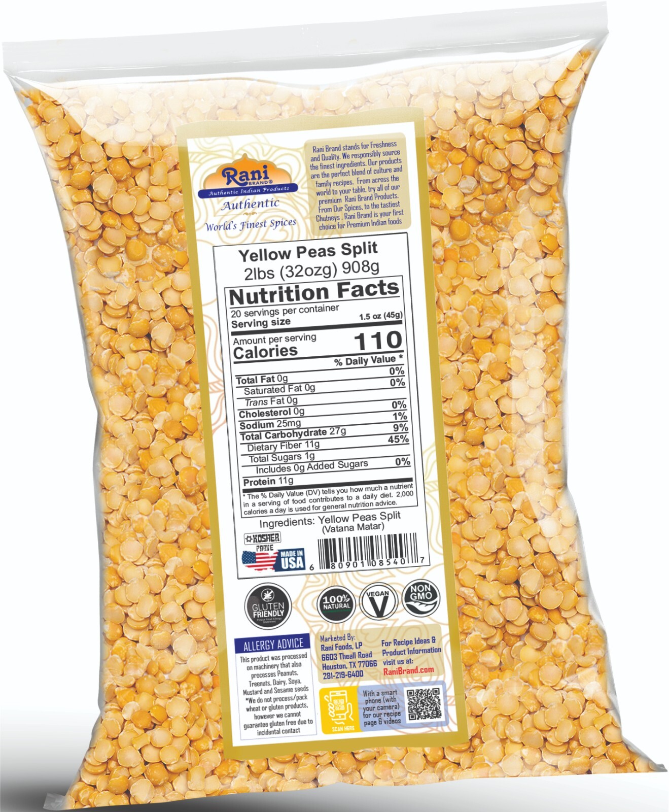 Rani Yellow Peas Split, Dried (Vatana, Matar) 32oz (2lbs) 907g