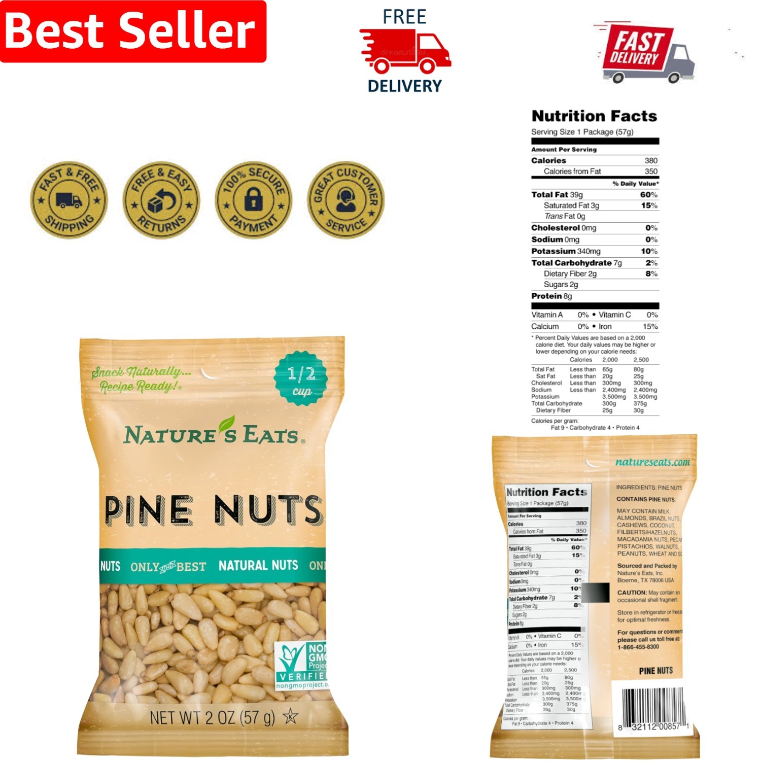 Nature’s Eats 2 oz Pine Nuts – Rich Butter Flavor, Gluten-Free &