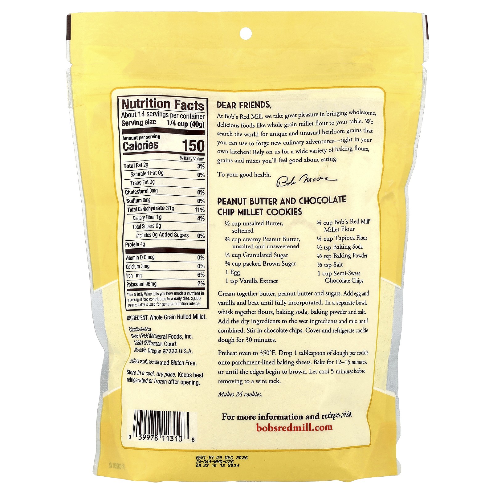 Stone Ground Millet Flour, Whole Grain, 20 oz (567 g)