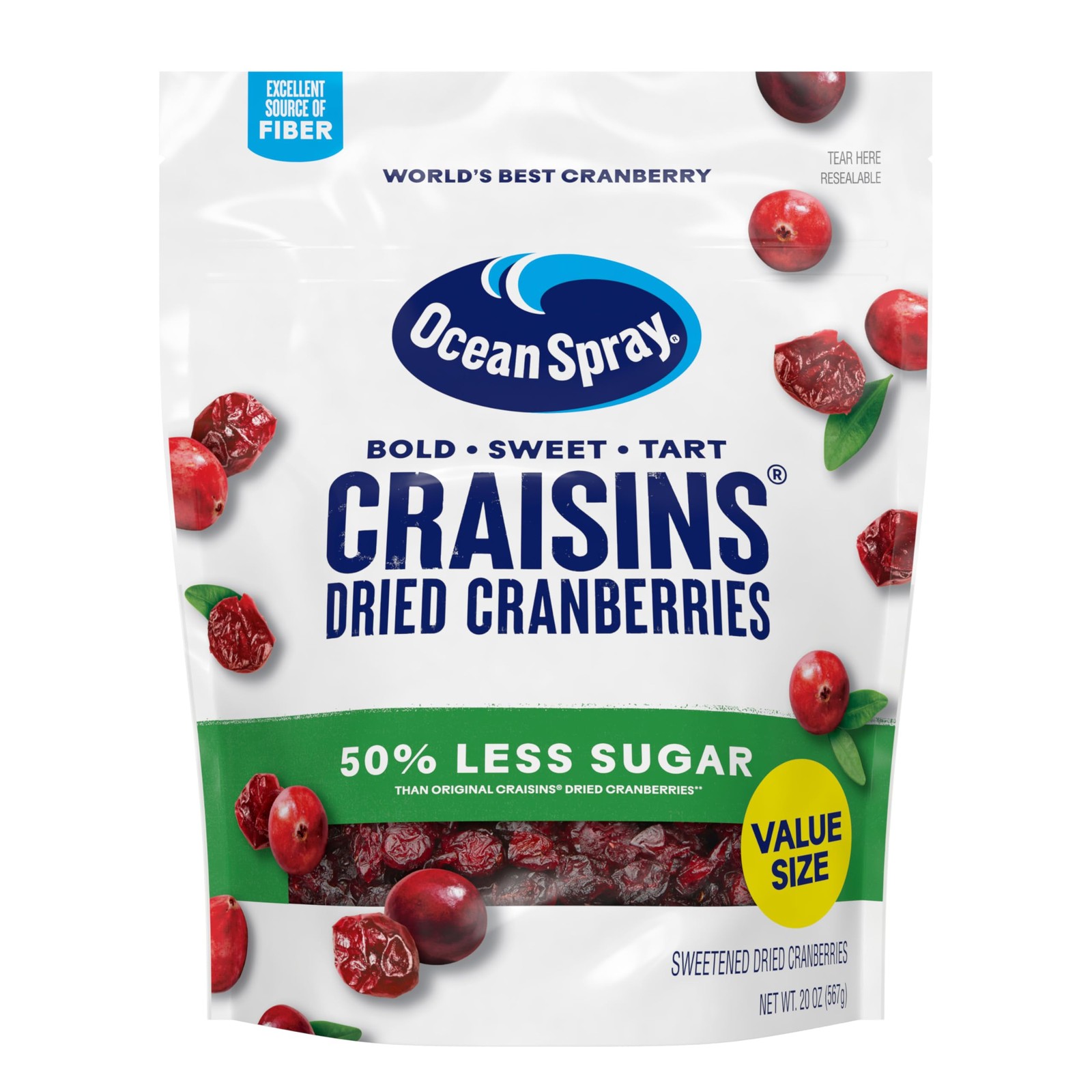 Ocean Spray® Craisins®, 50% Less Sugar Dried Cranberries Dried Fruit 20 Oz Pouch