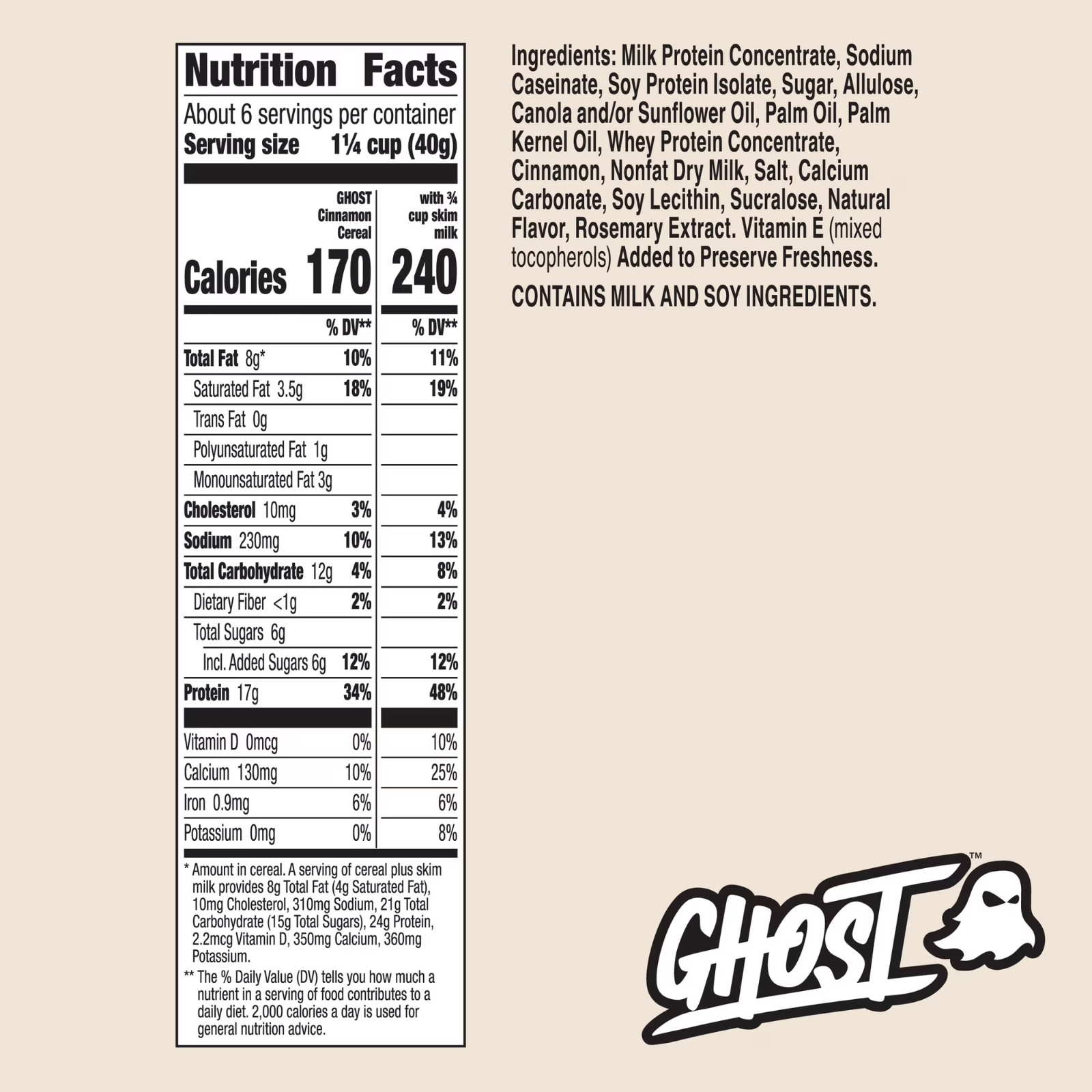 GHOST PROTEIN CEREAL, CINNAMON TOAST CRUNCH Flavor, 17G Protein, 9.2 oz
