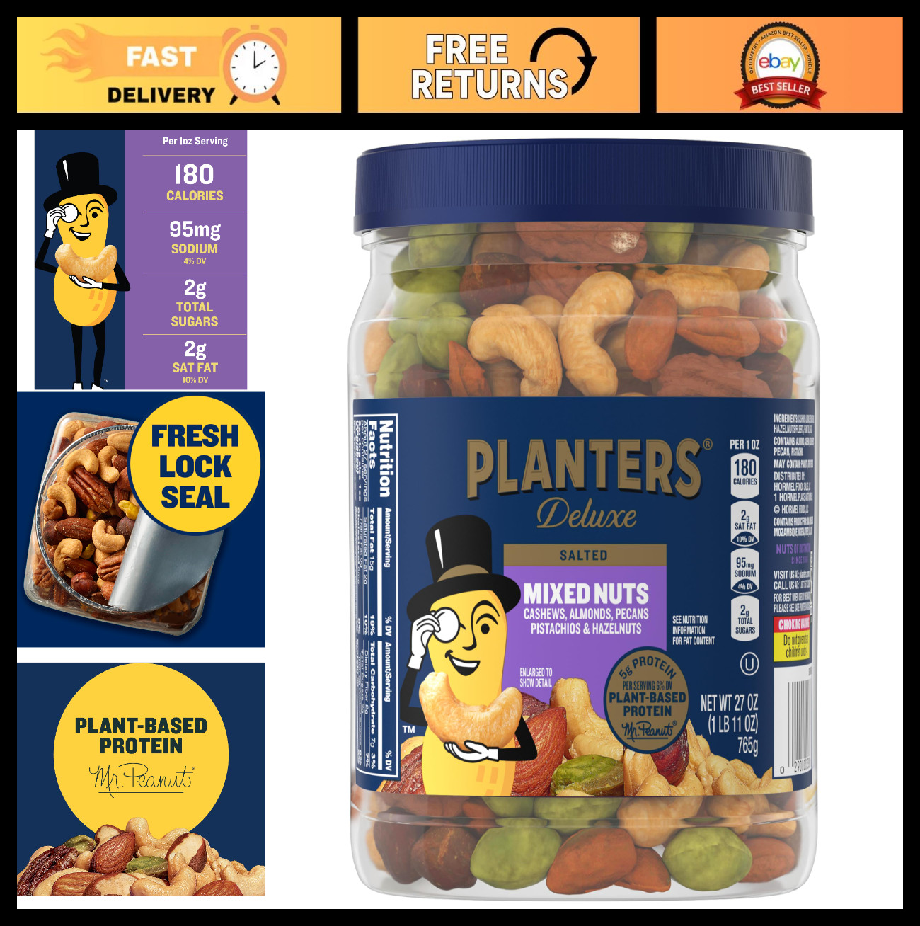Deluxe Mixed Nuts with Sea Salt – 27 oz Resealable Container – Cashews, Almonds,