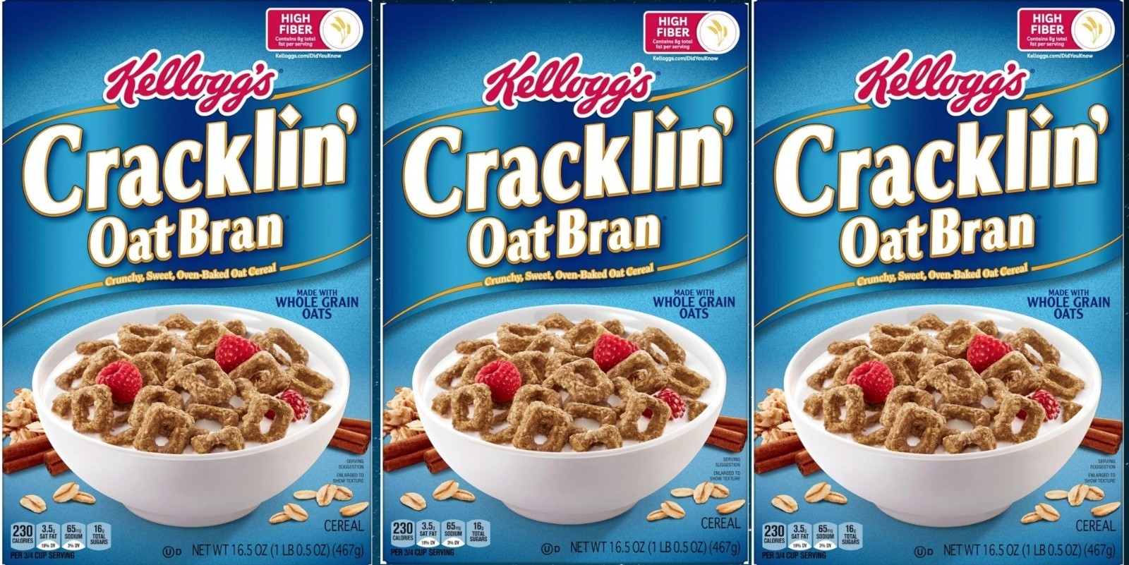 3-Pack Kellogg’s Cracklin’ Oat Bran Breakfast Cereal, Fiber Cereal, 16.5 Oz Each