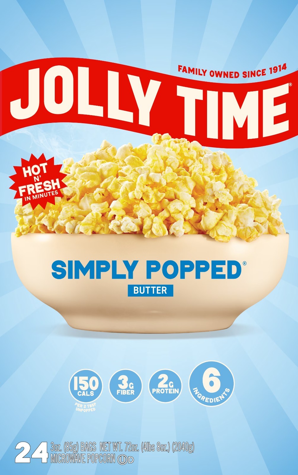JOLLY TIME Simply Popped Natural Microwave Popcorn, 24 Ct,3 oz, Bags.