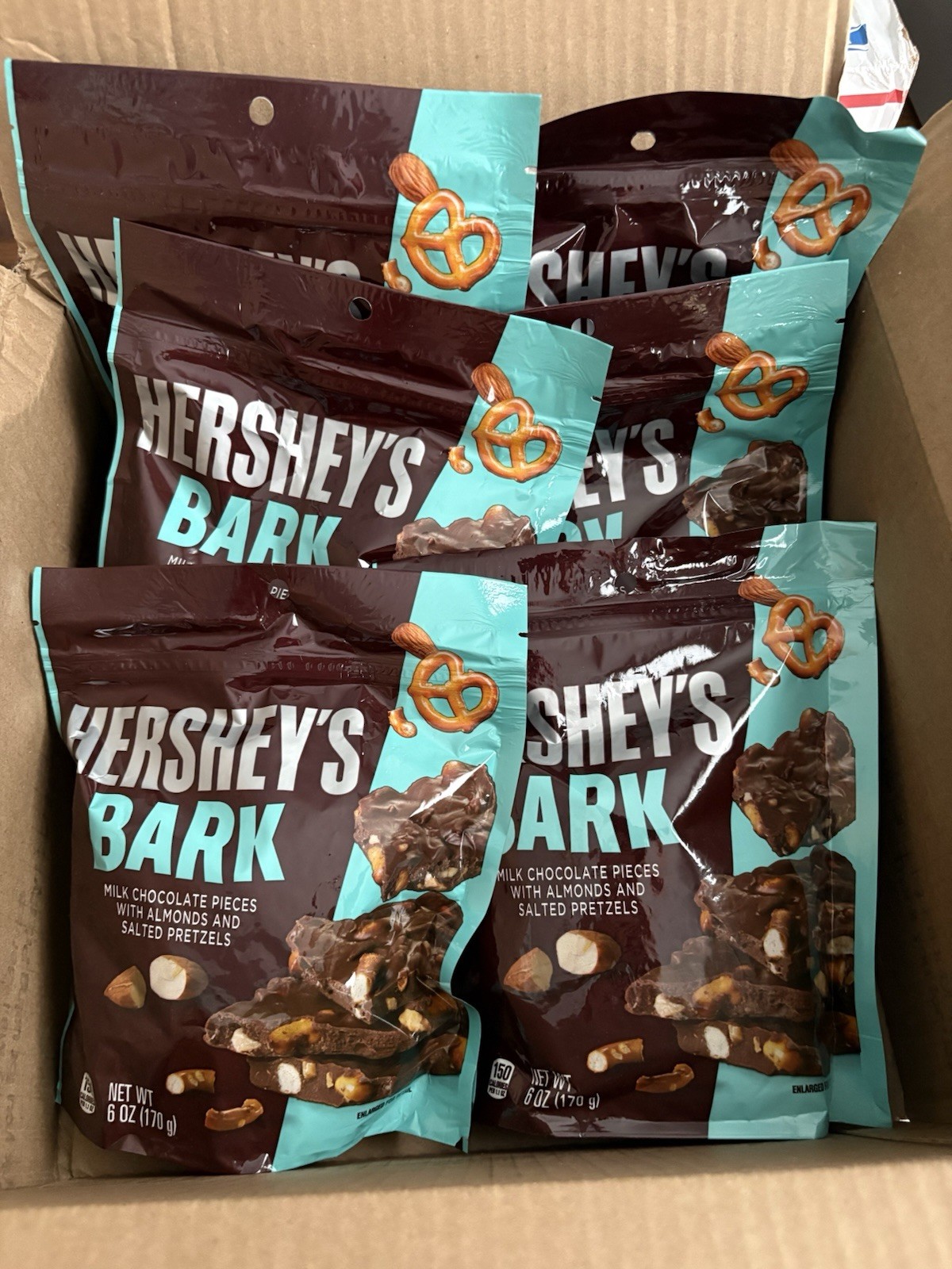 CASE OF 6 Six Hershey’s Milk Chocolate Almonds & Pretzels Bark 6 oz Bags