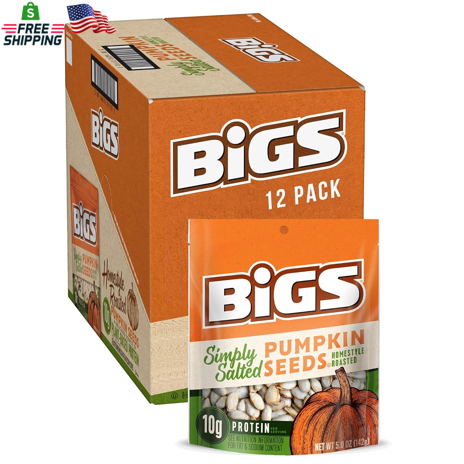 BIGS Pumpkin Seeds, Simply Salted Homestyle Flavor, 5 Oz. (Pack of 12)