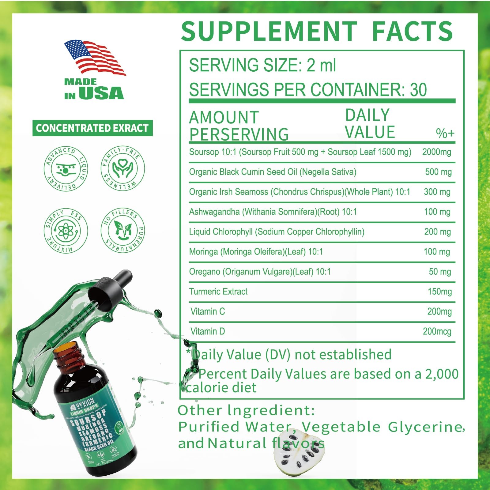 Soursop Bitters Liquid Drops 10 in 1 with Sea 2 Fl Oz (Pack of 1), Green