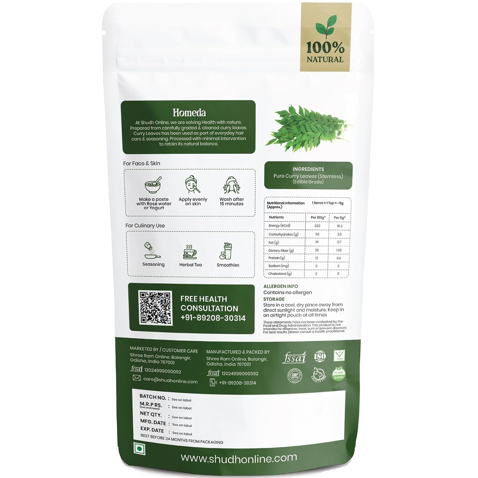 Shudh Online Curry Leaves Powder 3.5 oz – Natural Hair Growth