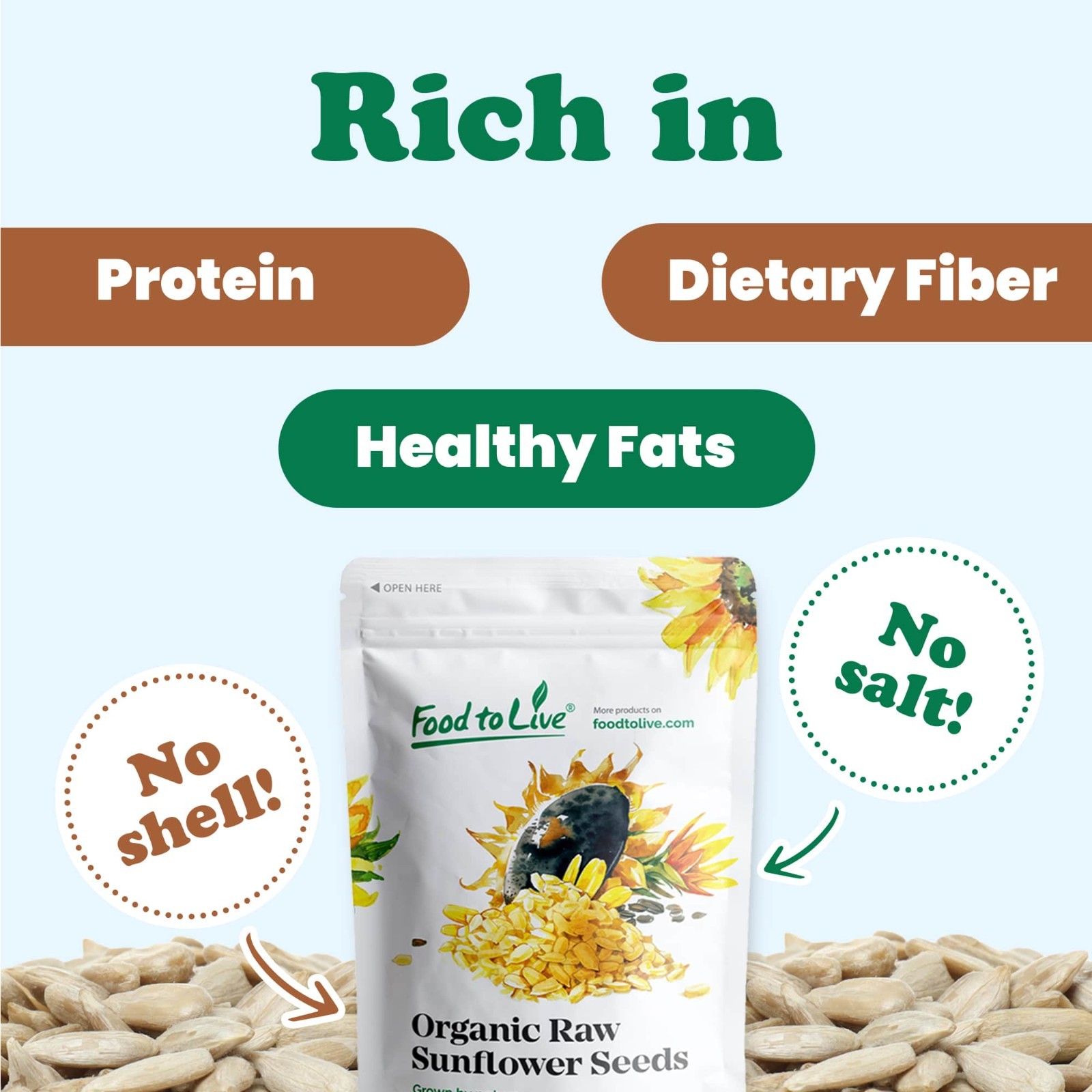 Organic Sunflower Seeds – Hulled, Non-GMO, Unsalted, Kosher – by Food to Live