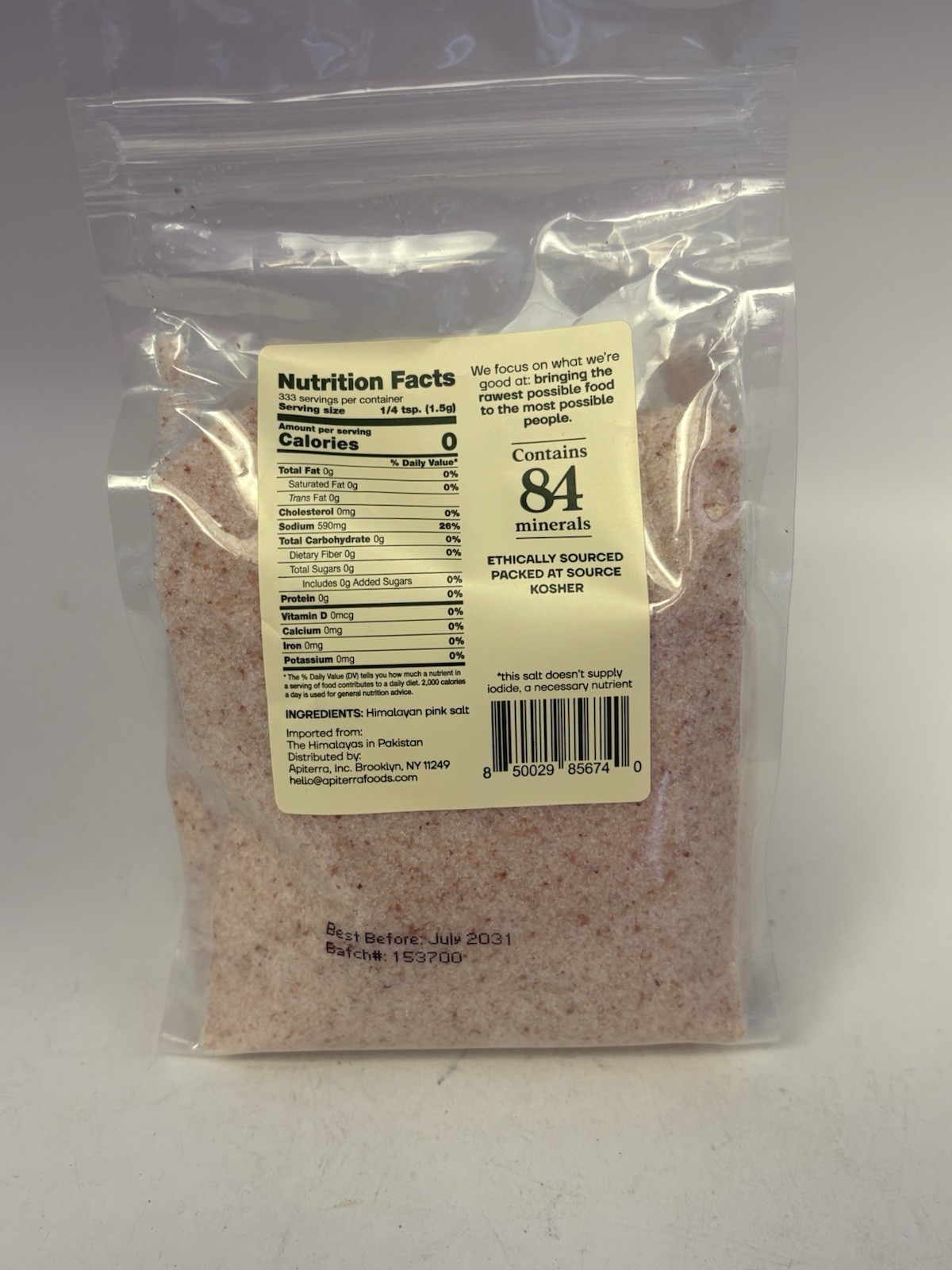ApiTerra Raw Himalayan Pink Salt Fine 1.1 lb Kosher 84 Minerals Resealable Bag