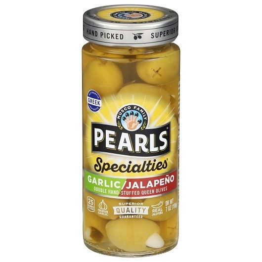 Pearls Garlic Jalapeno Double Hand Stuffed Jumbo Queen Olives, 7 Ounce, 6 Per
