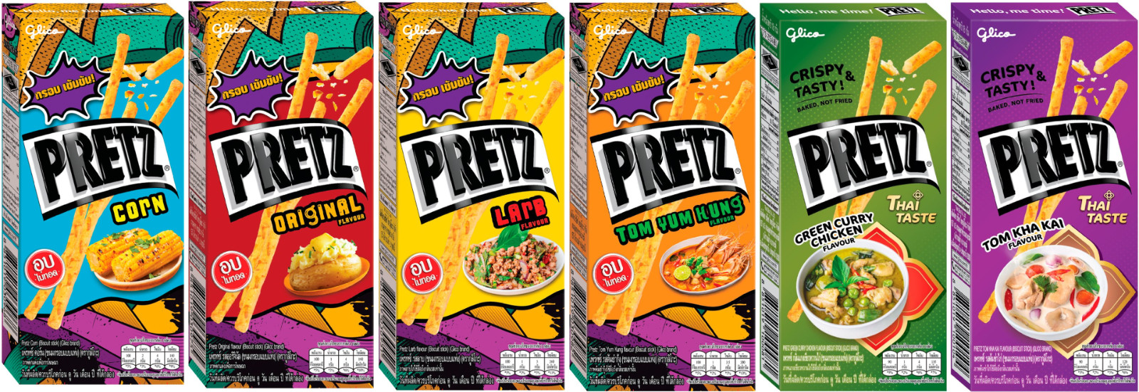 Glico Pretz Thai Snack Set 6 Flavors – Larb, Tom Yum, Tom Kha, Green Curry, Corn