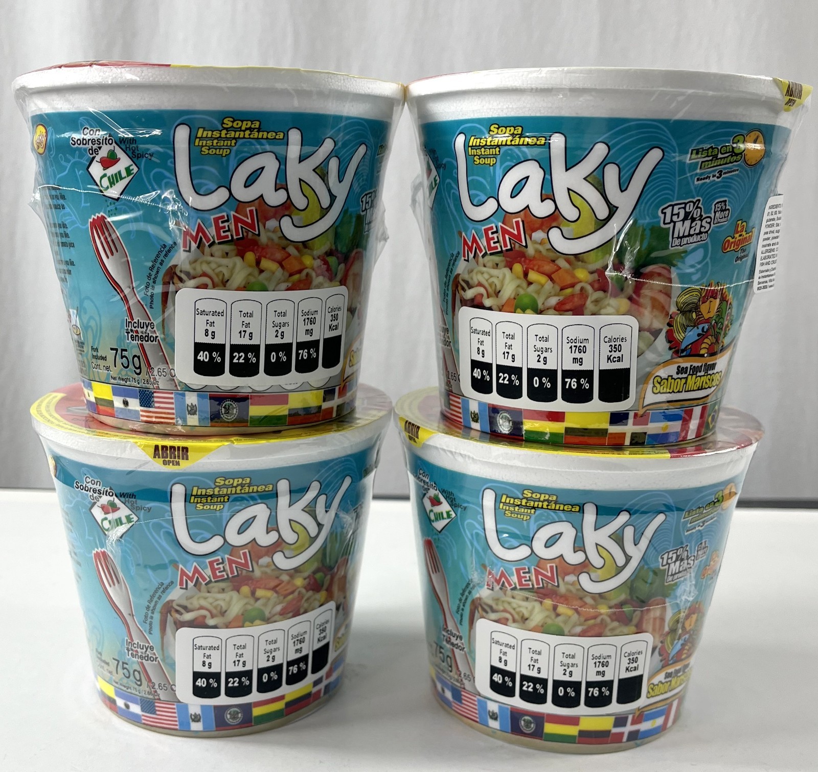 Laky men Sea Food flavor Instant soup 2.65 oz x 4 New. Product of Guatemala