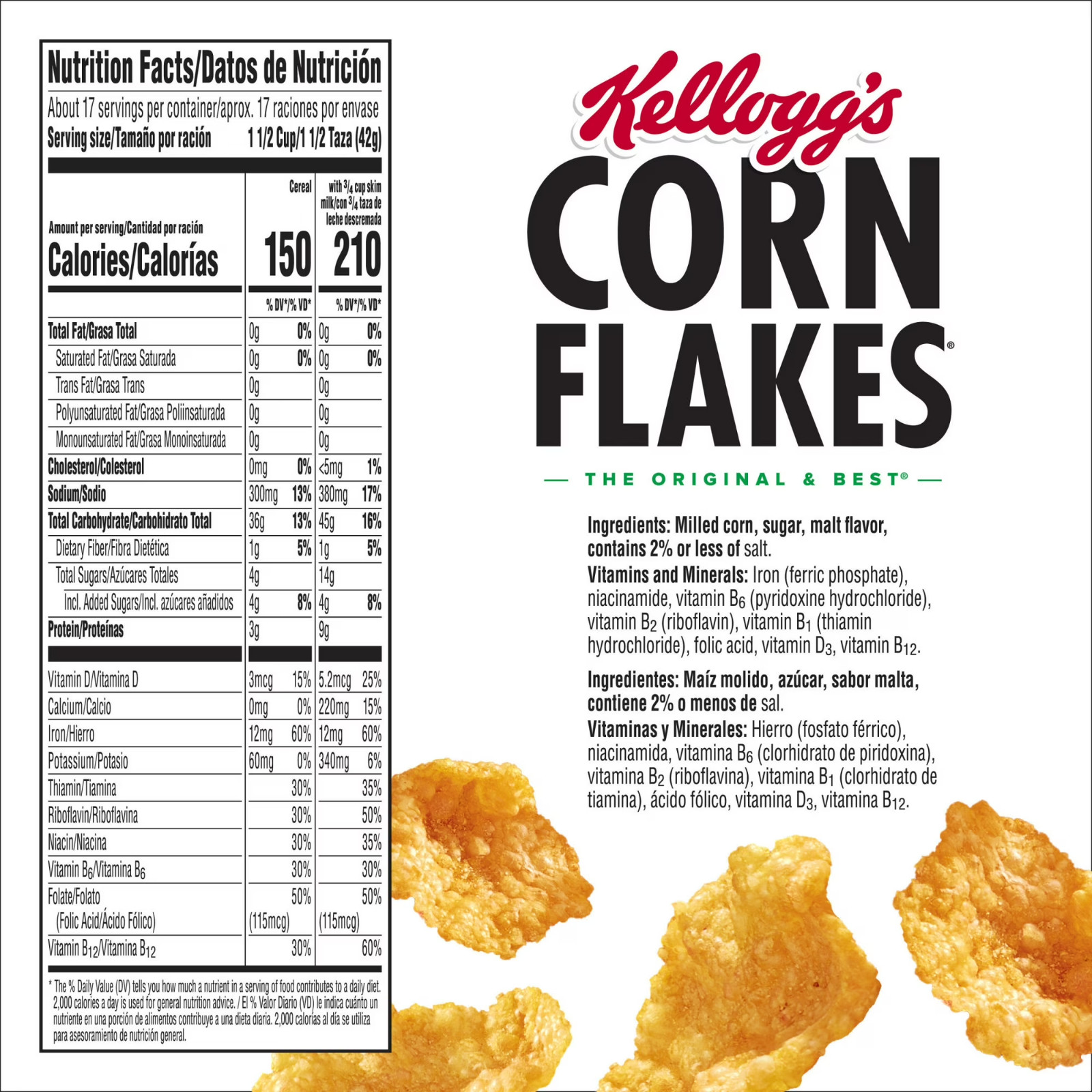 Kellogg’s Corn Flakes Breakfast Cereal, 8 Vitamins and Minerals, Mega Size, 25.2