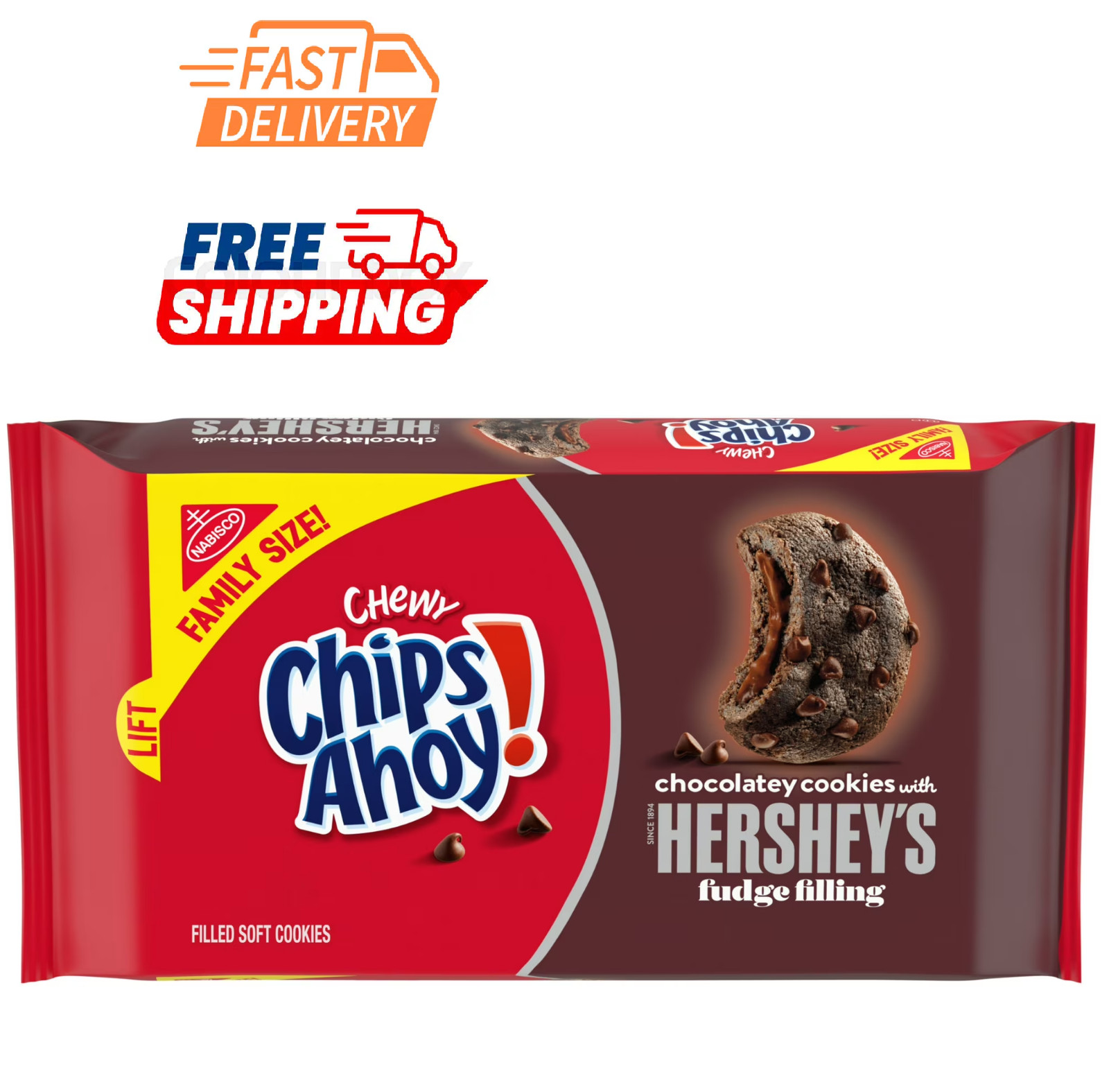 Chips Ahoy Chewy Cookies Hershey’s Fudge Filled 14.85 oz Family Size,Free Ship..