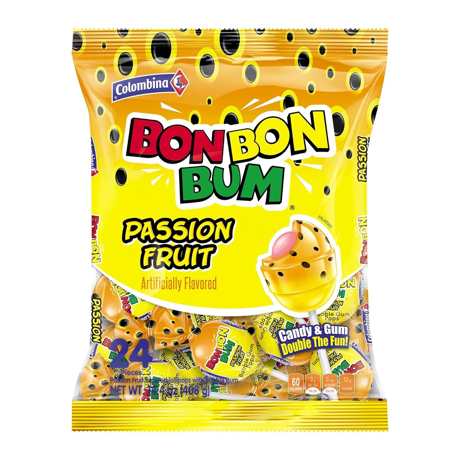 Colombina Bon Bon Bum Passion Fruit Lollipops, Tropical Fruit Hard Candy 24 Ct
