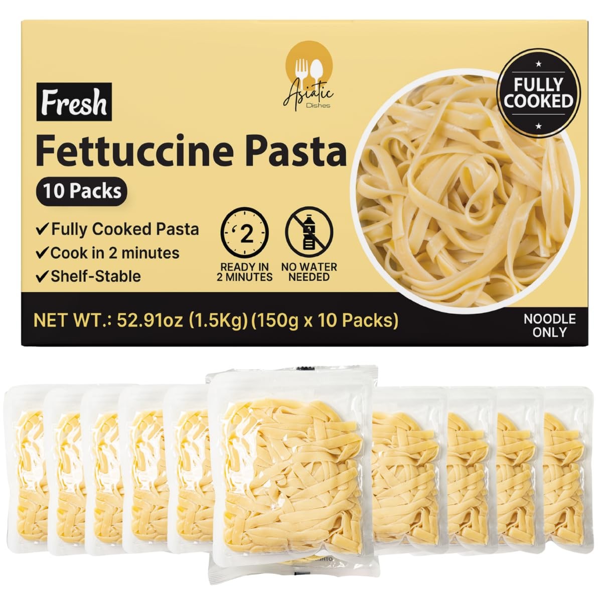 Fresh Fettuccine Pasta Fully Cooked, Pack of 10 (5.29 oz Each) – Convenient, …