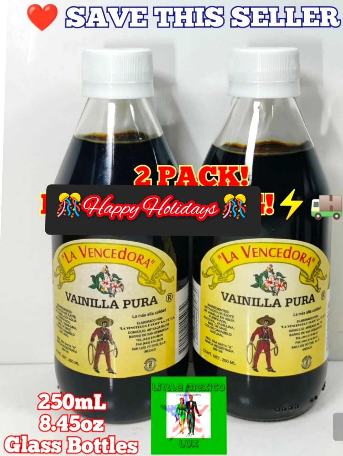 2 La Vencedora Pure Mexican Vanilla Extract Glass 8.45oz/250mL Glass Bottles⚡🚚