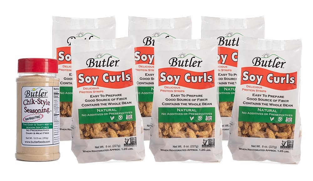 Butler Soy Curls 6 Pack – 6x 8 oz bags + 10.35 oz Chik-Style Seasoning