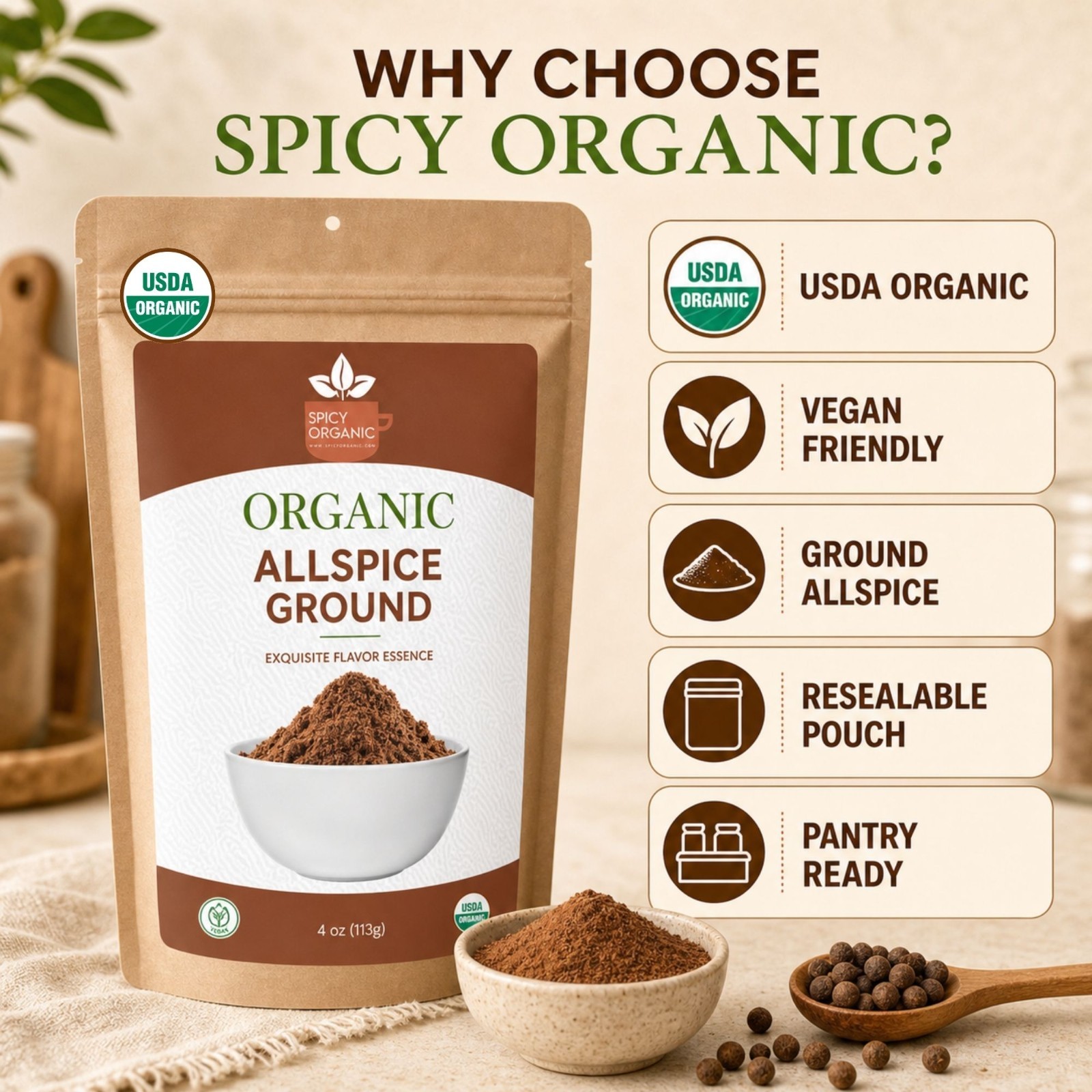 Spicy Organic Allspice Ground Powder 8 oz | USDA Organic