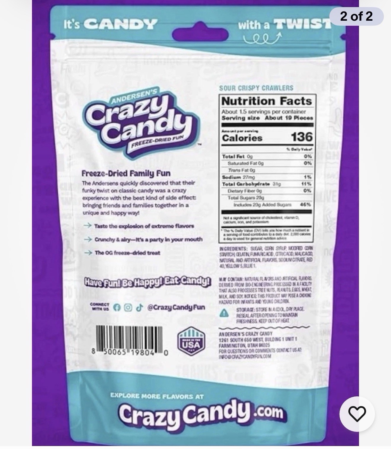 6X- Andersen’s Freeze Dried Crazy Candy Sour Crispy Crawlers 2.4oz- Box Of 6 Bag
