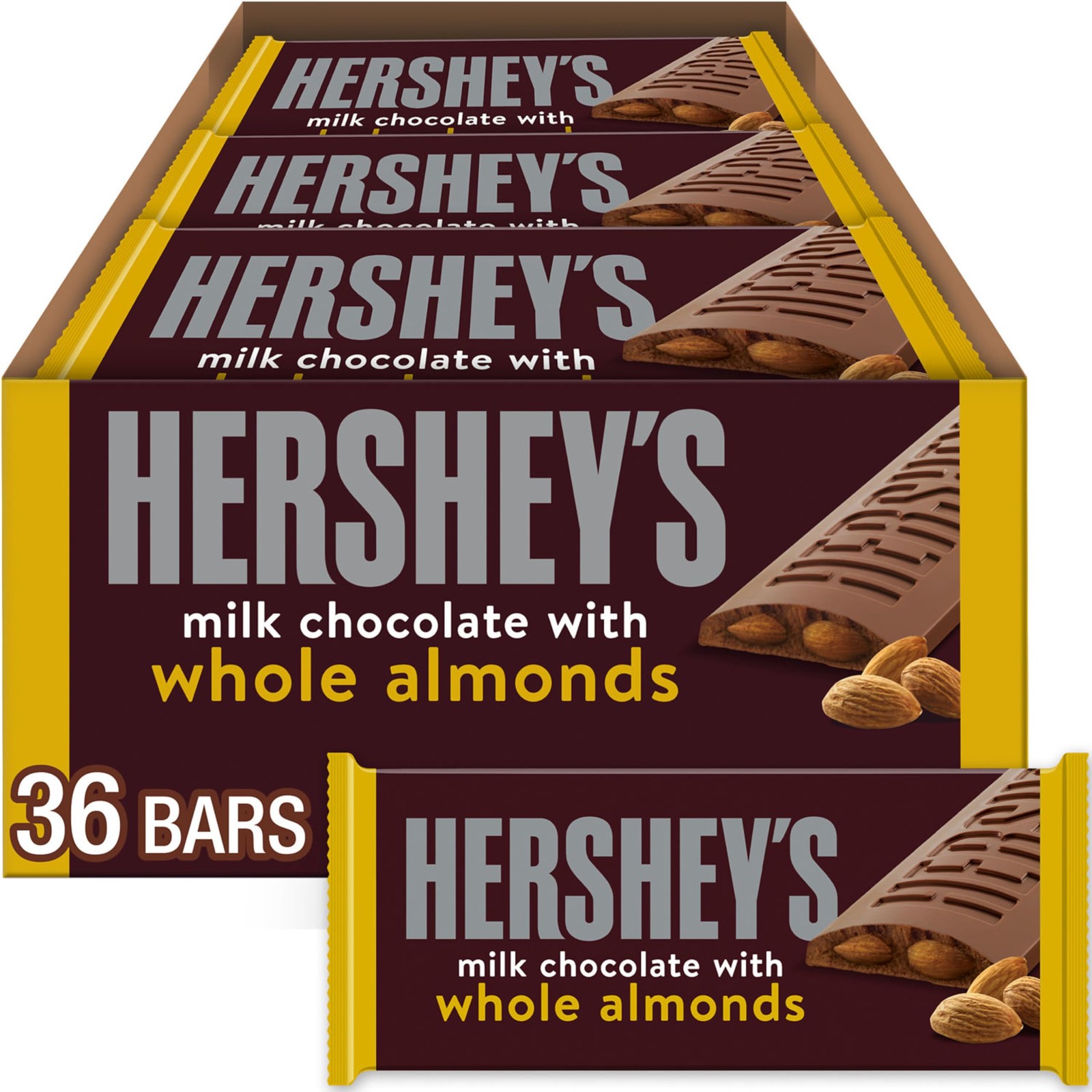 HERSHEY’S Milk Chocolate with Whole Almonds Candy Bars 1.45 oz 36 Count