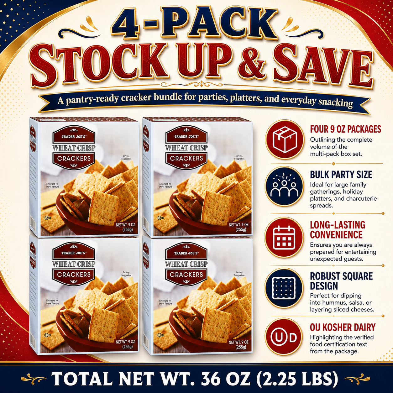 4 Pack Trader Joe’s Wheat Crisp Crackers 9 oz